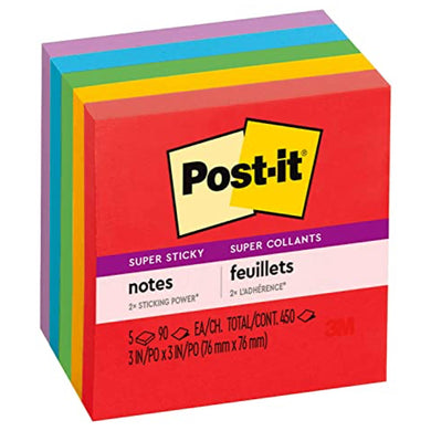 Post-it Super Sticky Notes, 3x3 in, 5 Pads, 2x the Sticking Power, Playful Primaries, Primary Colors (Red, Yellow, Green, Blue, Purple), Recyclable(654-6SSAN)