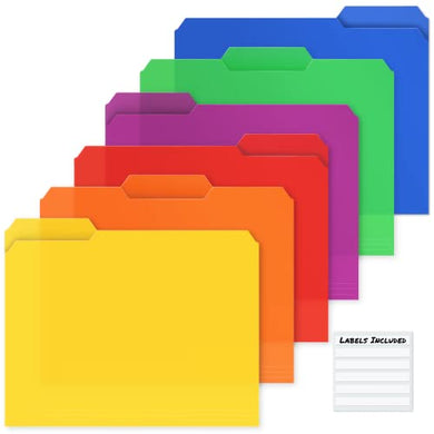 Dunwell Plastic Colored File Folders - (6 Pack), Sturdy 1/3 Tab File Folders Letter Size, Assorted Colored Manila Folders 8.5 x 11, Poly File Folders for Documents, File Folders with Tabs, With Labels