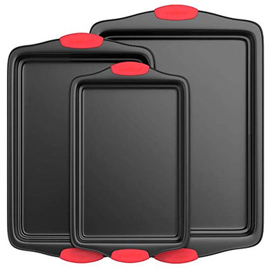 NutriChef Non-Stick Kitchen Oven Baking Pans-Deluxe & Stylish Nonstick Gray Coating Inside & Outside, Commercial Grade Restaurant Quality Metal Bakeware with Red Silicone Handles NCSBS3S, 3 Piece Set
