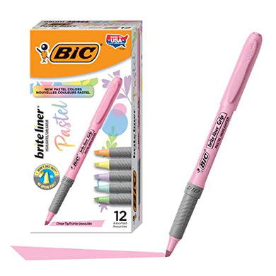 BIC Brite Liner Grip Pastel Highlighter Set, Chisel Tip, 12-Count Pack of Pastel Highlighters in Assorted Colors, Cute Highlighters for Bullet Journaling, Note Taking and More
