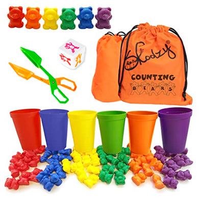 Skoolzy Rainbow Counting Bears with Matching Sorting Cups 68 Piece Set - Toddler Learning Toys Number Sorting Counting Color Recognition for Kids Age 3+ Includes Montessori Tongs 2 Skoolzy Bags eBook