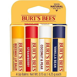 Burt's Bees Lip Balm, Moisturizing Lip Care, for All Day Hydration, 100% Natural, Original Beeswax, Strawberry, Coconut & Pear & Vanilla (4 Pack)
