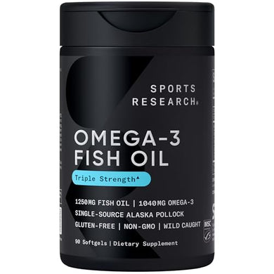 Sports Research Triple Strength Omega 3 Fish Oil - Burpless Fish Oil Supplement w/EPA & DHA Fatty Acids from Single-Source Wild Alaska Pollock - 1250 mg, 90 ct