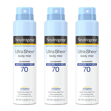 Neutrogena Sunscreen Spray, Ultra Sheer ® Body Mist, Broad Spectrum SPF 70, Non-Greasy Water Resistant Body Sunscreen Mist, Non-Comedogenic, 5 oz (Pack of 3)