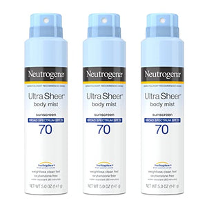 Neutrogena Sunscreen Spray, Ultra Sheer ® Body Mist, Broad Spectrum SPF 70, Non-Greasy Water Resistant Body Sunscreen Mist, Non-Comedogenic, 5 oz (Pack of 3)