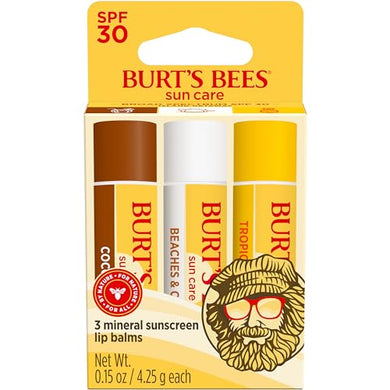 Burt’s Bees SPF 30 Lip Balm, Island Getaway - Coco Loco, Beaches & Cream, Tropic Like It's Hot, Water-Resistant Sun Care, Natural Origin Lip Treatment, 3 Tubes, 0.15 oz