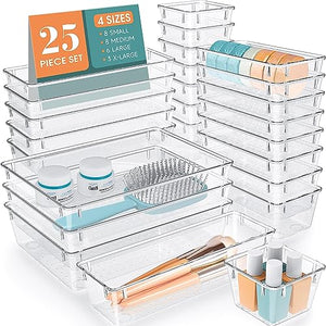 WOWBOX 25 PCS Clear Plastic Drawer Organizer Set, 4 Sizes Desk Drawer Divider Organizers and Storage Bins for Makeup, Jewelry, Gadgets for Kitchen, Bedroom, Bathroom, Office