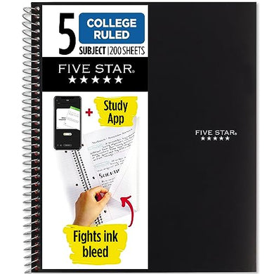 Five Star Spiral Notebook + Study App, 5 Subject, College Ruled Paper, Fights Ink Bleed, Water Resistant Cover, 8-1/2