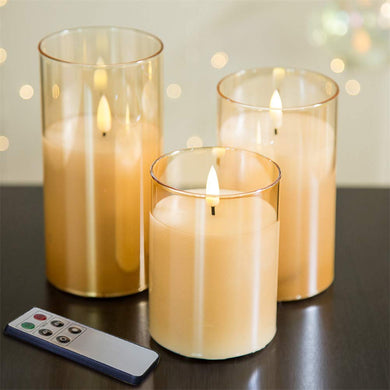 Eywamage Gold Glass Flameless Pillar Candles with Remote, Flickering Battery LED Wax Candles Set of 3