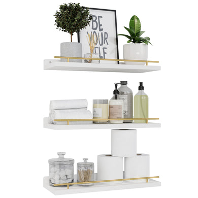 WOPITUES Floating Shelves with Gold Metal Guardrail, Shelves for Wall Decor Set of 3, Wall Shelves for Bedroom, Bathroom, Kitchen, Living Room, Plants, Picture Frames, Art- White and Gold