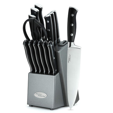 Marco Almond® Kitchen Knife Set with Block KYA31,14 Pieces Japanese Stainless Steel Cutlery Knives Block Set for Kitchen with Built-in Sharpener