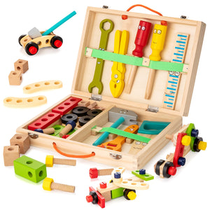 KIDWILL Tool Kit for Kids, Wooden Toddler Tools Set Including Tool Box & DIY Stickers, Montessori Educational STEM Construction Toys for 3 4 5 6 7 Years Old Boys Girls, Best Birthday Gift for Kids