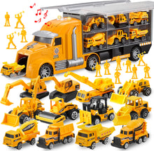 JOYIN 25 in 1 Construction Truck Vehicle Toy Set, Play Vehicles Set with Sounds and Lights in Carrier Truck, Push and Go Vehicle Car Toy, Kids Birthday Gifts for Over 3 Years Old Boys