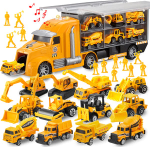 JOYIN 25 in 1 Construction Truck Vehicle Toy Set, Play Vehicles Set with Sounds and Lights in Carrier Truck, Push and Go Vehicle Car Toy, Kids Birthday Gifts for Over 3 Years Old Boys