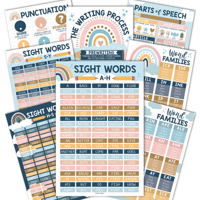 Hadley Designs 8 Boho 100 Sight Words Poster For Classroom Word Wall, Sight Word Posters For Classroom Elementary, First Grade, Word Family Posters For Elementary School Posters For Classroom