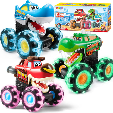 JOYIN 3 Pack Monster truck Toy - Motion Activated Light-Up Cars for Toddlers - Monster Treads Lightning Wheels - Baby Toy Gift - Press & Go Cars for Boys Girls