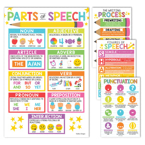 Hadley Designs 4 Colorful Grammar Posters For Language Arts - ELA Posters Classroom, Parts Of Speech Posters For Elementary, Punctuation Posters, Writing Process Poster For Classroom, English Posters