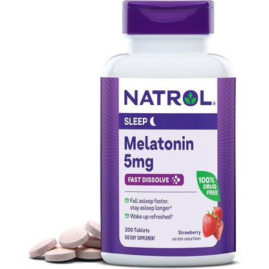 Natrol Melatonin Fast Dissolve Tablets, Helps You Fall Asleep Faster, Stay Asleep Longer, Easy to Take, Dissolve in Mouth, Strengthen Immune System, Maximum Strength, Strawberry Flavor, 5mg, 200 Count