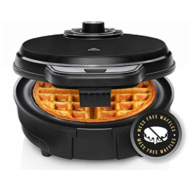 Chefman Anti-Overflow Belgian Waffle Maker w/Shade Selector, Temperature Control, Mess Free Moat, Round Iron w/Nonstick Plates & Cool Touch Handle, Measuring Cup Included, Black