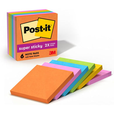 Post-it Super Sticky Notes, 3x3 in, 6 Pads, 2x the Sticking Power, Energy Boost Collection, Bright Colors (Orange, Pink, Blue, Green,Yellow),Recyclable (654-6SSAU)