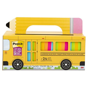 Post-it Super Sticky Notes Value Pack, 24 Pads, Convenient School Bus Carry and Storage Case, 2X The Sticking Power, 3x3 in, Bright Colors (Orange, Pink, Blue, Green, Yellow), Recyclable (654-24SSBUS)