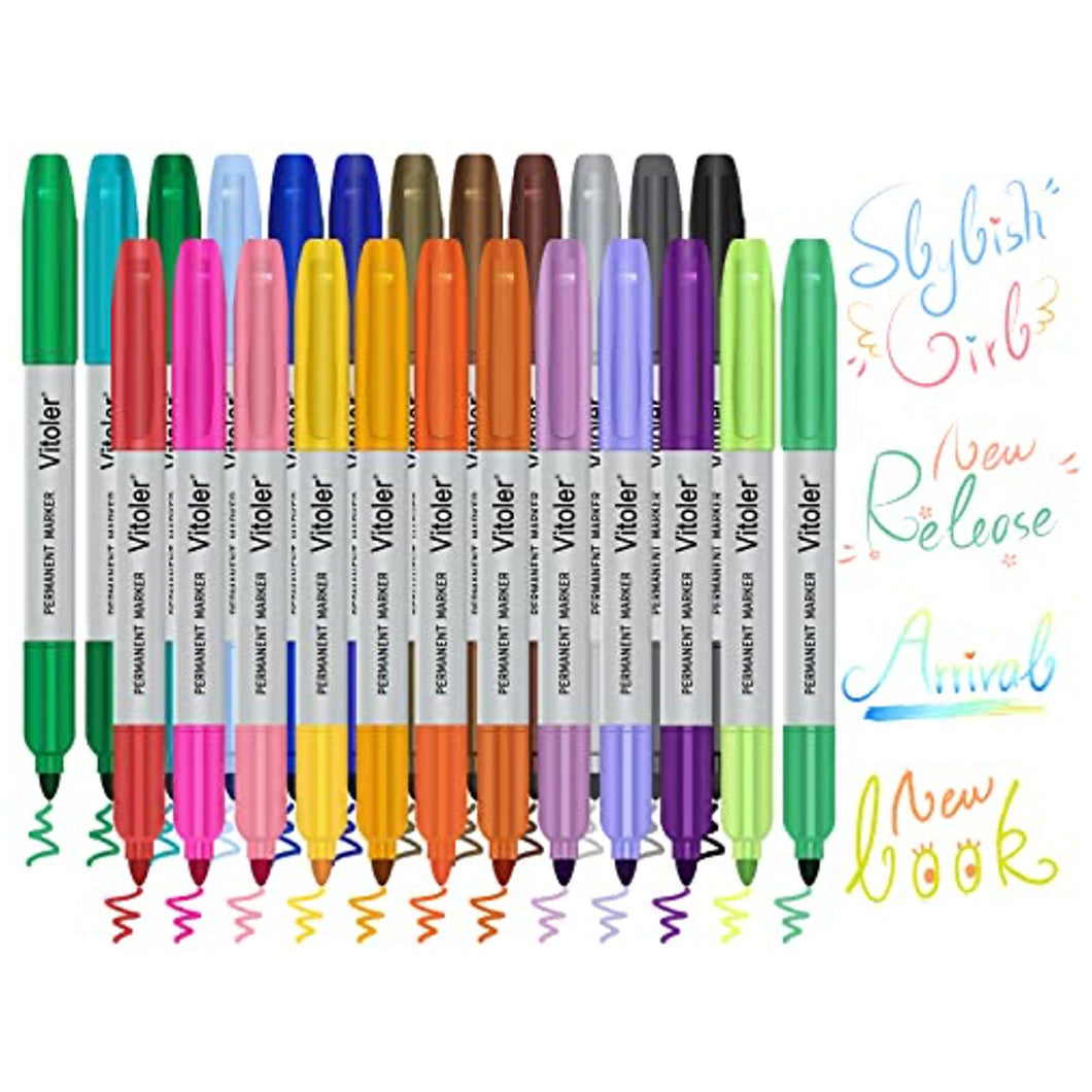 Vitoler Colored Permanent Markers,24 Assorted Colors Permanent Marker Pens Fine Point Markers for Marking Coloring Doodling Writing Journaling