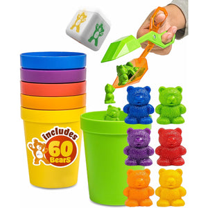 Skoolzy Rainbow Counting Bears with Matching Sorting Cups 68 Piece Set - Toddler Learning Toys Number Sorting Counting Color Recognition for Kids Age 3+ Includes Montessori Tongs 2 Skoolzy Bags eBook