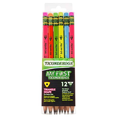 Ticonderoga My First Tri-Write Wood-Cased Pencils, Pre-Sharpened, 2 HB, With Erasers, Neon Colors, 12 Count