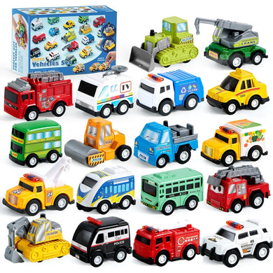 JOYIN 18 Piece Pull Back City Cars and Trucks Toy Vehicles Set Model Car, Friction Powered Die-Cast Cars for Toddlers, Boys, and Girls’ Educational Play, Easter Basket Stuffers Egg Fillers