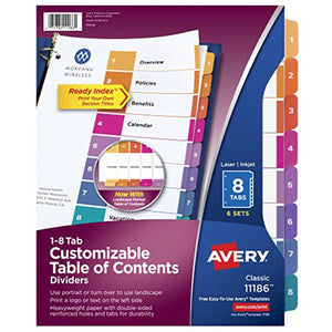 Avery 8-Tab Dividers for 3 Ring Binders, Customizable Table of Contents, Multicolor Tabs, 6 Sets (11186)