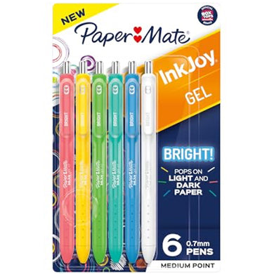 Paper Mate Inkjoy Gel Bright! Pens, Medium Point (0.7mm), Retractable, Assorted Opaque Ink, 6 Count