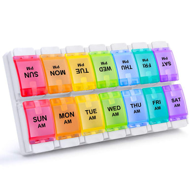 Sukuos AM PM Weekly 7 Day Pill Organizer 2 Times A Day, Large Daily Pill Box with Easy Push Button Design, Detachable Pill Case for Medicine/Vitamin/Fish Oil/Supplements (Rainbow)