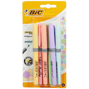 BIC Highlighter Grip Pastel, Highlighter Pens with Adjustable Chisel Tip, Rubber Grip for Extra Comfort, Assorted Colours, Pack of 6