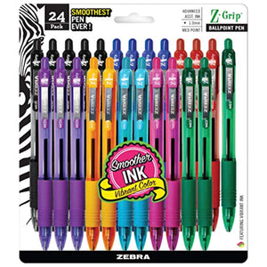 Zebra Pen Z-Grip Retractable Ballpoint Pen, Medium Point, 1.0mm, Assorted Fashion Colors - 24 Pieces (Packaging may vary)