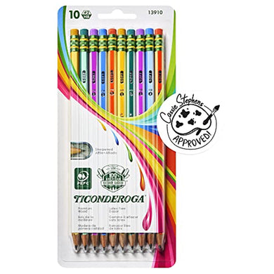 Ticonderoga X13910 Striped Wood-Cased Pencils, 2 HB Soft, Pre-Sharpened, 10 Count, Assorted Colors