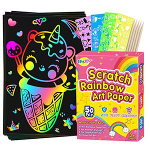 RMJOY Rainbow Scratch Paper Sets: 59pcs Magic Art Craft Scratch Off Papers Supplies Kits Pad for Age 3-12 Kids Girl Boy Teen Toy Game Gift for Birthday|Christmas|Halloween|DIY Activities|Painting