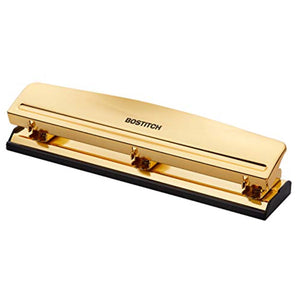 Bostitch Office 3 Hole Punch, 12 Sheet Capacity, Durable Metal, Gold Chrome, Rubber Base