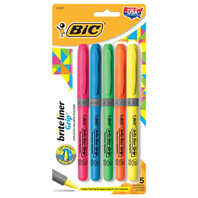 BIC Brite Liner Grip Highlighter, Chisel Tip, Assorted Colors, 5-Count