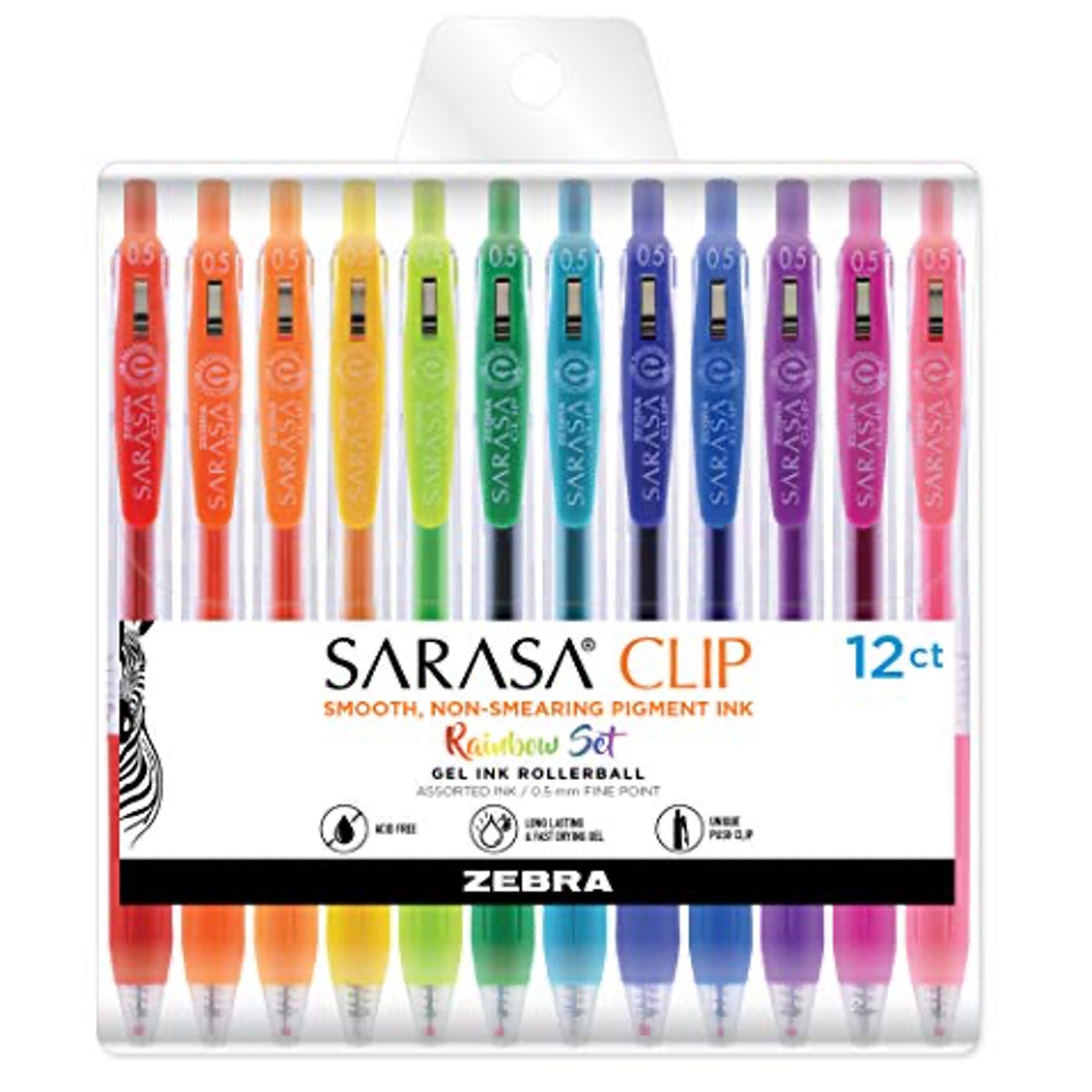 Zebra Pen Sarasa Clip Retractable Gel Pen, Fine Point, 0.5mm, Rainbow Assorted Colors, 12-Pack