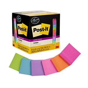 Post-it Super Sticky Notes, Assorted Bright Colors, 3x3 in, 15 Pads/Pack, 45 Sheets/Pad, 2x the Sticking Power, Recyclable (654-15SSCP), Multi-color