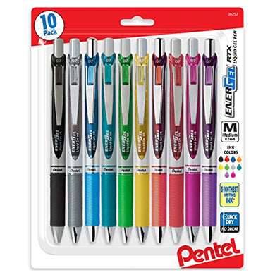 Pentel EnerGel 0.7 MM RTX Retractable Liquid Gel Pen, 10 Pack of New Assorted ink Colors, Metal Tip, Medium Line, Quick Dry No Smear