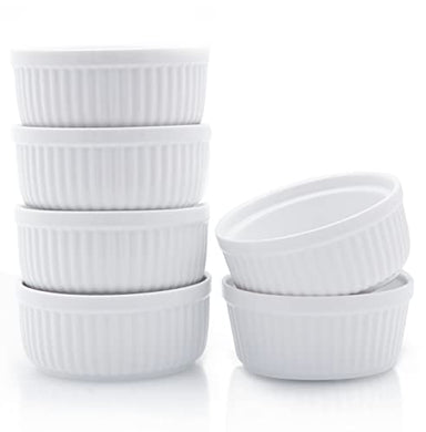 Nuwave Ceramic Ramekins 8 oz, Set of 6, Elegant Classic Style Ramekins for Baking Souffles, Creme Brulées, Custards, Puddings, 4.3” Wide & 2” Tall, Microwave, Oven & Dishwasher-Safe, Ivory White