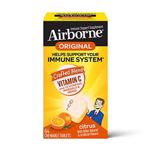 Airborne Vitamin C 1000mg (per serving) - Citrus Chewable Tablets (64 count in a box), Gluten-Free Immune Support Supplement With Vitamins A C E, ZINC, Selenium, Echinacea, Ginger, Antioxidants