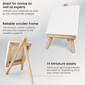 ARTEZA Mini Canvases for Painting with Easels, Pack of 14, 4 x 4 Inches, 100% Cotton, 8 oz Primed Stretched Canvas Bulk, Pine Wood Easels, Art Supplies for Adults and Teens, Acrylic Pouring