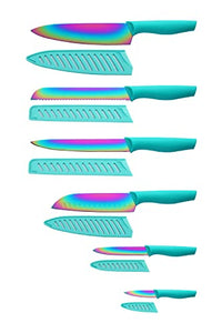 DISHWASHER SAFE Kitchen Knife Set, Marco Almond® KYA37 12-Piece Rainbow Titanium Stainless Steel Boxed Knives Set for Kitchen with Sheath, 6 Knives with 6 Blade Guards, Teal