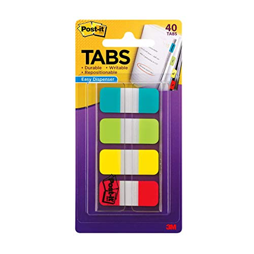 Post-it Tabs, 625 in Solid, Aqua, Lime, Yellow, Red, 10/Color, 40/Dispenser (676-ALYR)