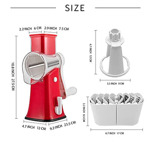 VEKAYA 5 in 1 Rotary Cheese Grater with Handle [5 Interchangeable Stainless Steel Blades] Cheese Shredder Food Vegetable Grader Hand Crank Grater for Kitchen with Bonus Storage Box for Blades - Red