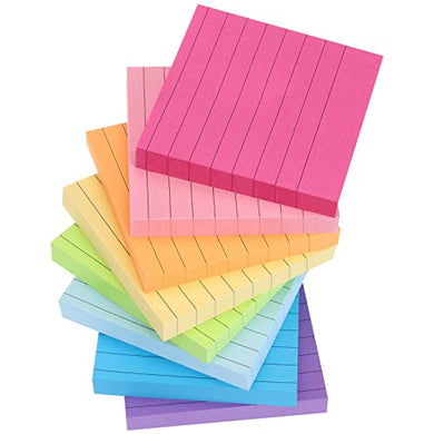 8 Pack Lined Sticky Notes 3x3 Inches Self-Stick Note Pads with 8 Assorted Bright Colors, 100 Sheets/Pad, Super Adhesive Memo Pads, Easy to Post Notes for Study, Works, and Daily Life