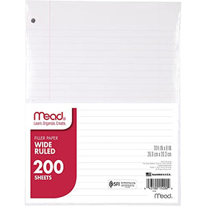 Mead Loose Leaf Paper, Wide Ruled, 200 Sheets, Standard 10-1/2" x 8", Lined Filler Paper, 3 Hole Punched for 3 Ring Binder, Writing & Office Paper, College, K-12 or Homeschool, 1 Pack (15200) , White