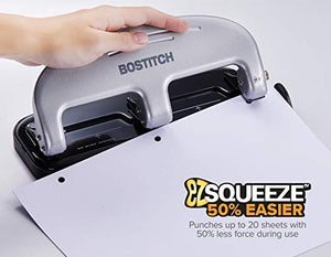 Bostitch Office EZ Squeeze 3-Hole Punch, 20 Sheet Capacity, Reduced Effort, No Jam Technology , Silver